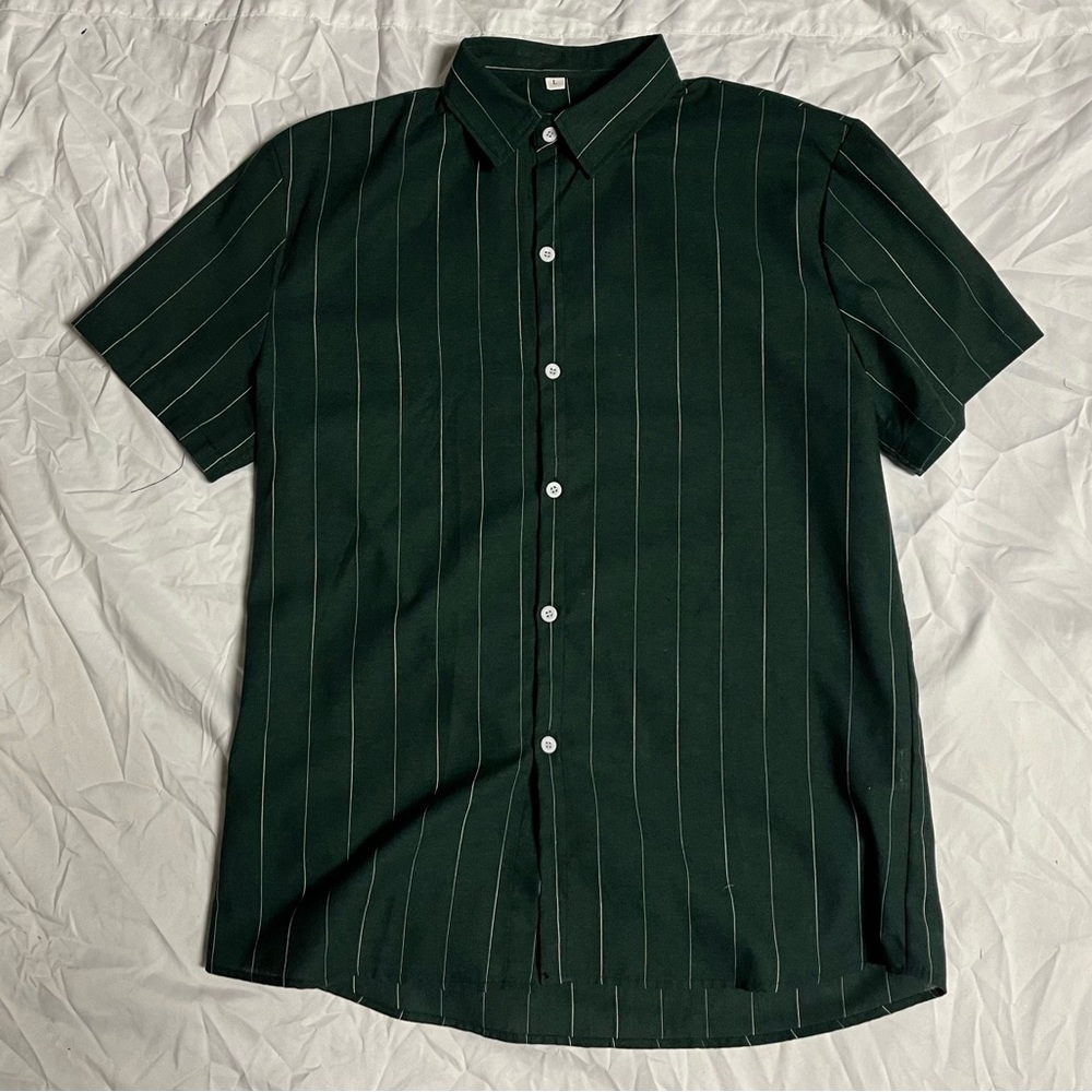 Mens Green Vertical Striped Shirt Short Sleeves Casual Button Down Shirt